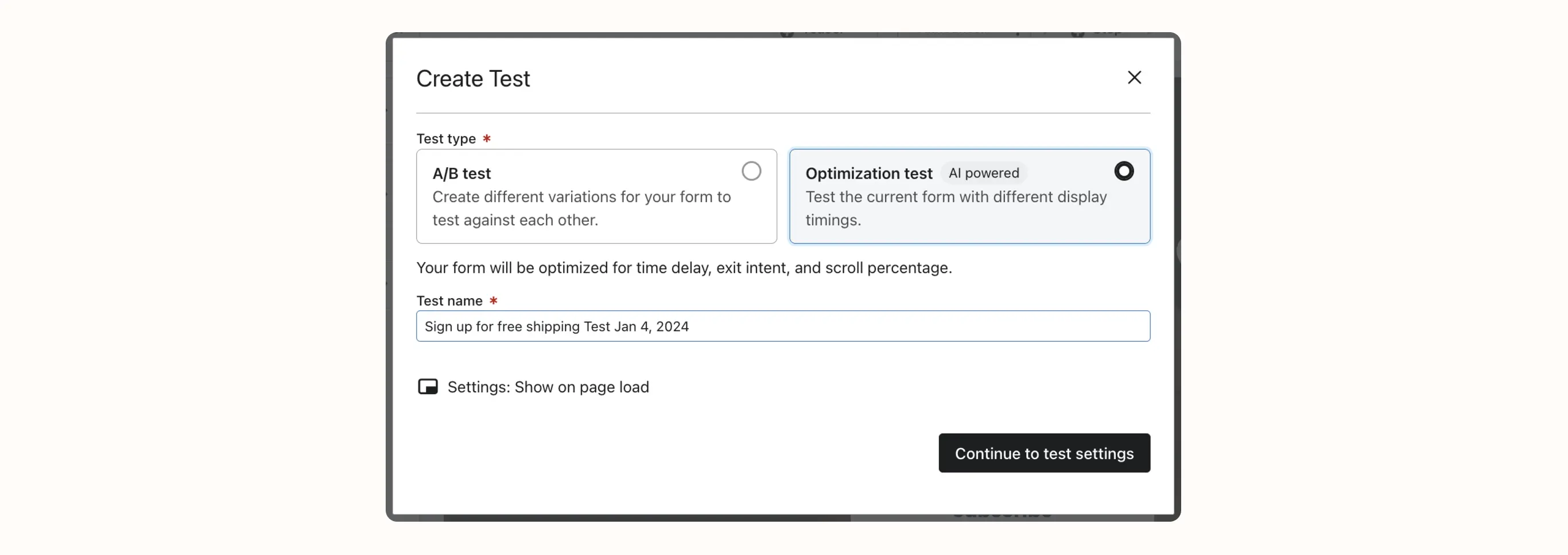 Interfaz de creación de pruebas de email marketing con opciones de prueba A/B y optimización. Nombre de prueba: "Sign up for free shipping Test Jan 4, 2024".