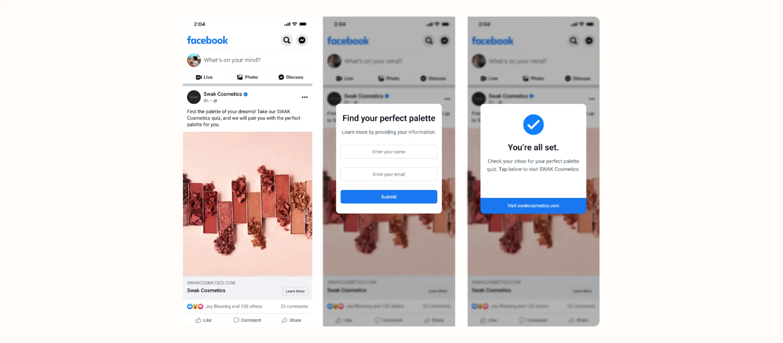 Tres capturas de pantalla de Facebook muestran una publicación de Swak Cosmetics sobre un cuestionario de paleta de maquillaje, un formulario de entrada y una confirmación.