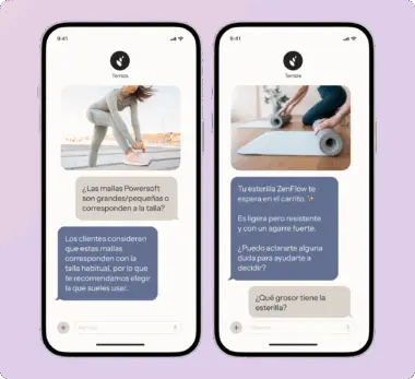Dos pantallas de smartphone muestran chats de compra. Izquierda: consulta sobre mallas Powersoft. Derecha: información sobre esterilla ZenFlow.