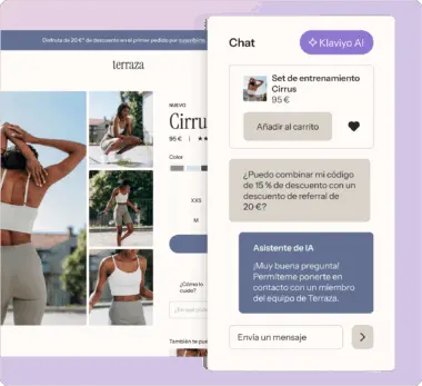 Página de producto de ropa deportiva con chat de asistencia de IA. Incluye imágenes de una mujer haciendo ejercicio y opciones de compra.