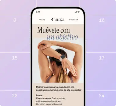 Pantalla de un smartphone mostrando una aplicación de fitness llamada "terraza". Texto: "Muévete con un objetivo".