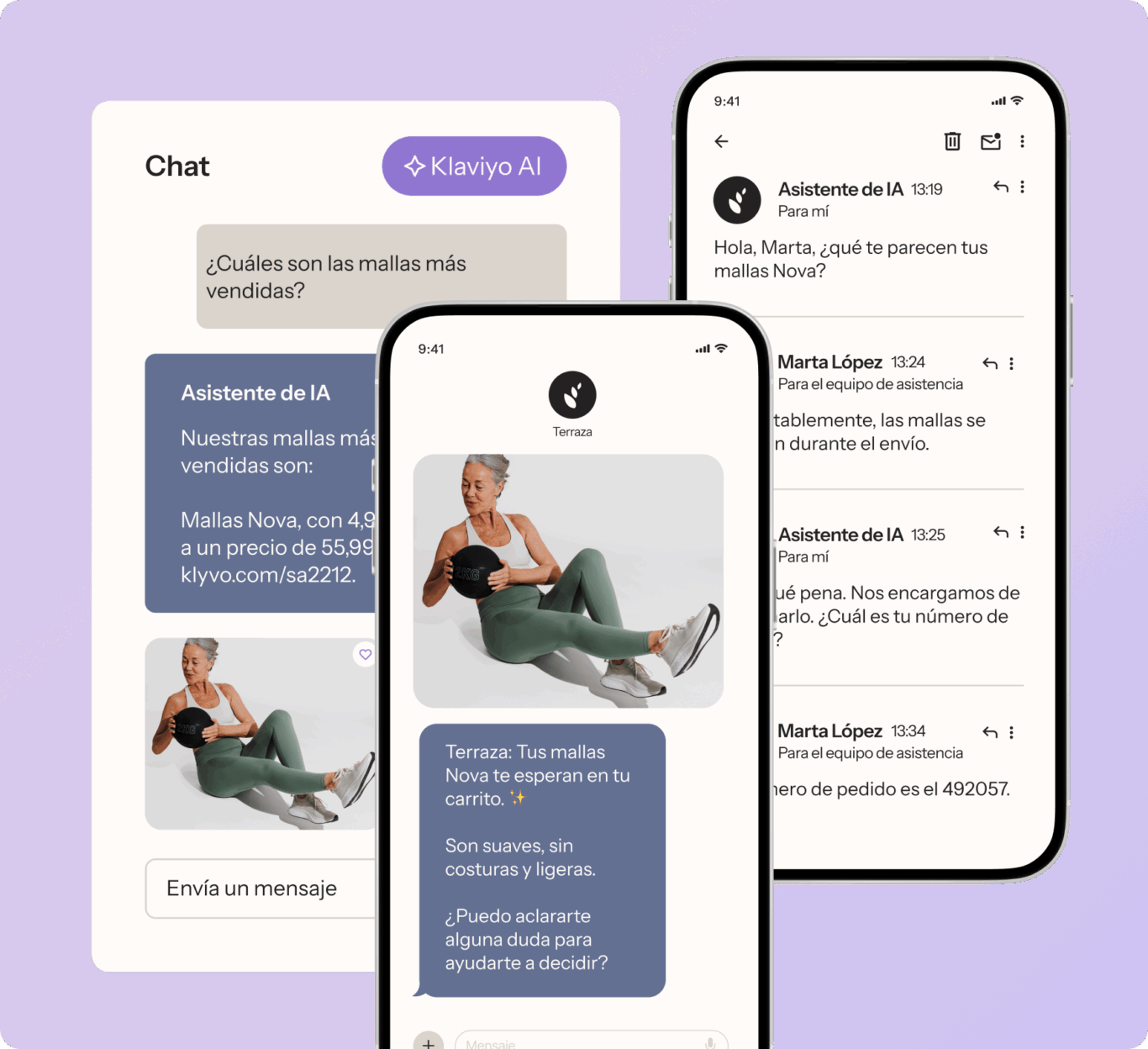 Tres pantallas de chat de Klaviyo AI muestran una conversación sobre mallas deportivas, con imagen de una mujer ejercitándose.