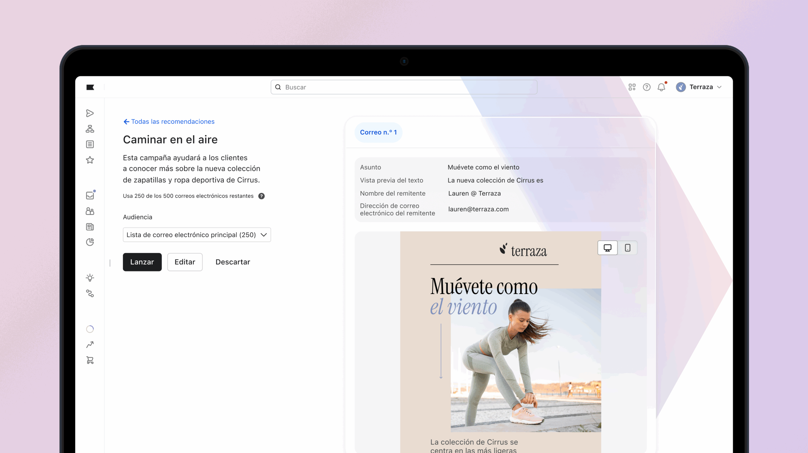 Pantalla de una campaña de marketing por correo electrónico titulada "Caminar en el aire" de Cirrus, mostrando detalles y vista previa del correo.