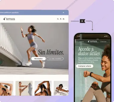 Pantalla de una página web de fitness "terraza" con una mujer corriendo y texto "Sin límites". A la derecha, un móvil muestra "Accede a datos útiles".