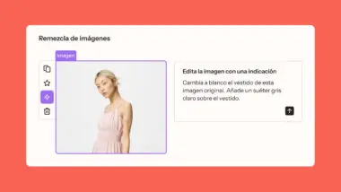 Interfaz de edición de imágenes con una mujer en vestido rosa. Instrucciones para cambiar el vestido a blanco y añadir un suéter gris.