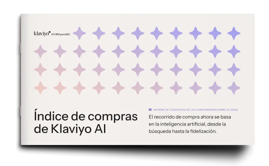 Índice de compras de Klaviyo AI, informe sobre tendencias de consumidores en IA (2025), con patrones de estrellas en degradado.