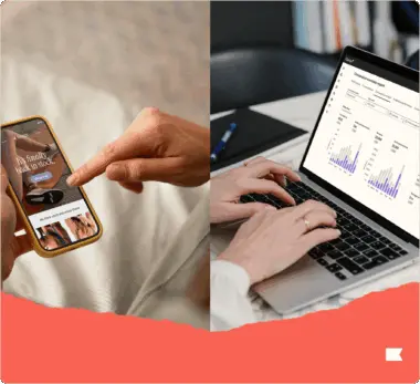 Una persona usando un smartphone con una notificación de reposición de stock, junto con otra persona trabajando con un ordenador portátil en el que se muestran gráficos de análisis.