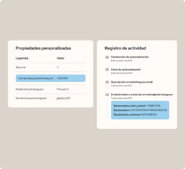 Propiedades personalizadas y registro de actividad de Instagram, incluyendo número de seguidores y detalles de automatización.