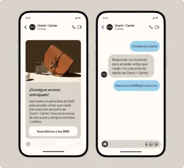 Dos pantallas de móvil muestran un chat de Grant + Carter. La izquierda ofrece acceso anticipado a una colección de otoño.