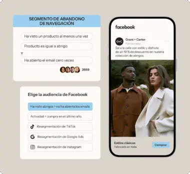 Segmentación de audiencia para Facebook, con criterios de abandono de navegación y opciones de resegmentación. Anuncio de abrigos.