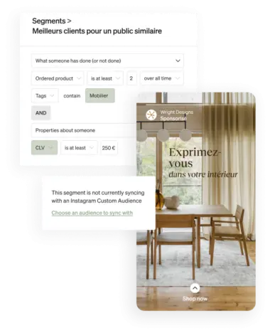 Klaviyo lookalike audience builder shows a best customers on Instagram Story ad for a lookalike audience