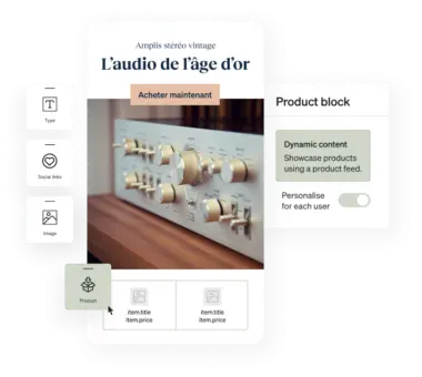 Example vintage stereo amplifier email showing drag and drop tool adding a product block