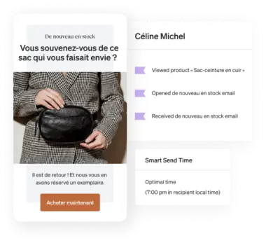 Side-by-side views of Cindy Murakami’s customer profile, a window displaying Smart Send Time, and a back-in-stock email about a bag she’d been looking at