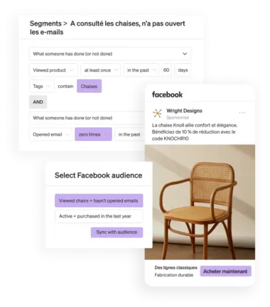A Facebook ad for a chair is shown beside a shot of the Klaviyo dashboard that showcases an email segment
