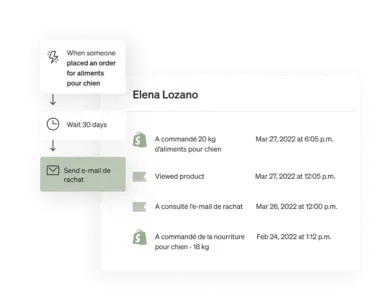 Klaviyo product screen showing that someone can send an email to a customer to repurchase dog food based on their last dog food purchase