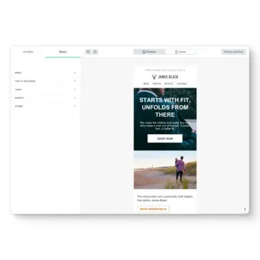 Klaviyo’s email template editor, showing various style options (text and headings, links, mobile, etc.) and a preview of the email template.