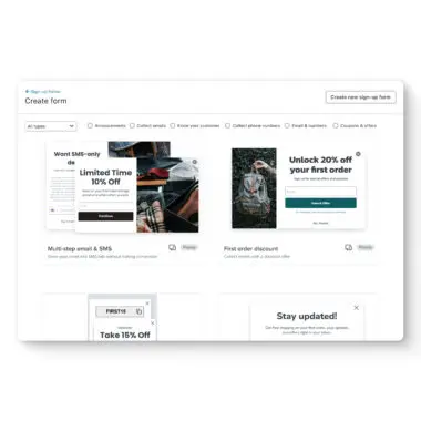 Klaviyo form library with a few templates (multi-step email and SMS, first order discount), and various filters (announcements, coupons, etc.)