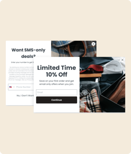 Formulaire d’inscription en deux étapes présentant une remise de 10 % à durée limitée, avec une première étape pour s’inscrire aux e-mails et une seconde pour s’inscrire aux SMS