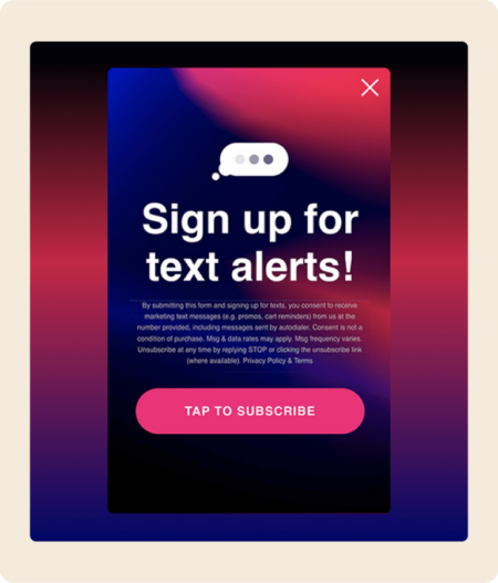 Formulaire avec le titre « Abonnez-vous aux alertes par SMS ! », du texte en petits caractères et un bouton « Appuyer pour s’abonner »