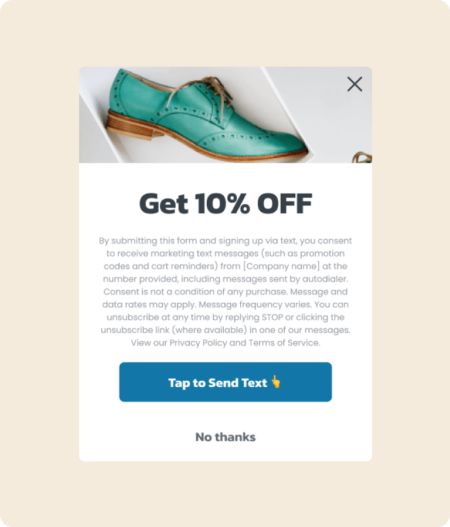 Formulaire pop-up faisant la promotion d’une remise de 10 % avec un bouton « Appuyer pour envoyer un SMS » et un bouton « Non, merci »