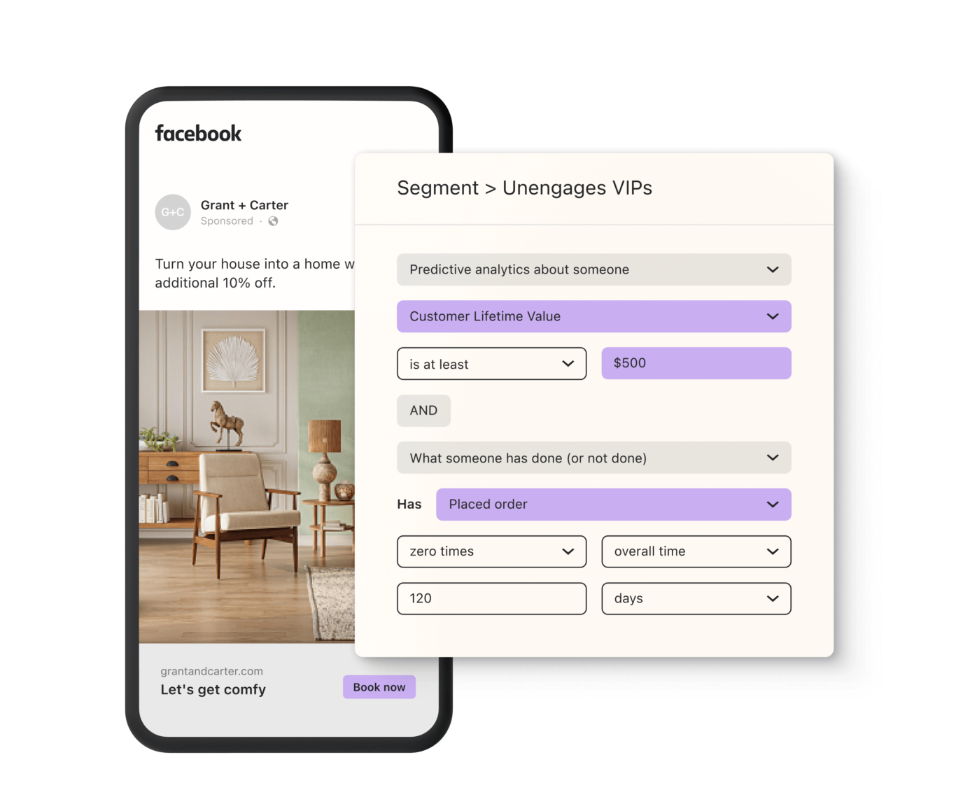 À gauche, publicité Facebook pour une entreprise de meubles qui offre 10 % de réduction ; à droite, exemple de la fonctionnalité de segmentation de Klaviyo