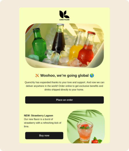 Modèle d’e-mail Klaviyo pour les annonces, avec dans la partie supérieure une annonce et un bouton « Commander », et dans la partie inférieure des produits spécifiques et un bouton « Acheter »