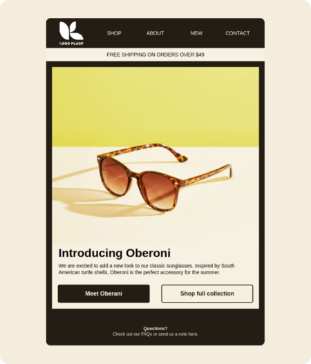 Modèle d’e-mail Klaviyo pour le lancement de nouvelles lunettes de soleil avec les boutons « Découvrir Oberoni » et « Voir toute la collection »