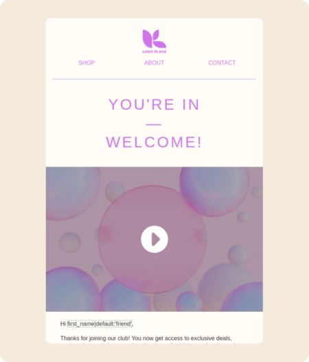 Modèle d’e-mail Klaviyo souhaitant la bienvenue aux nouveaux clients avec un message vidéo