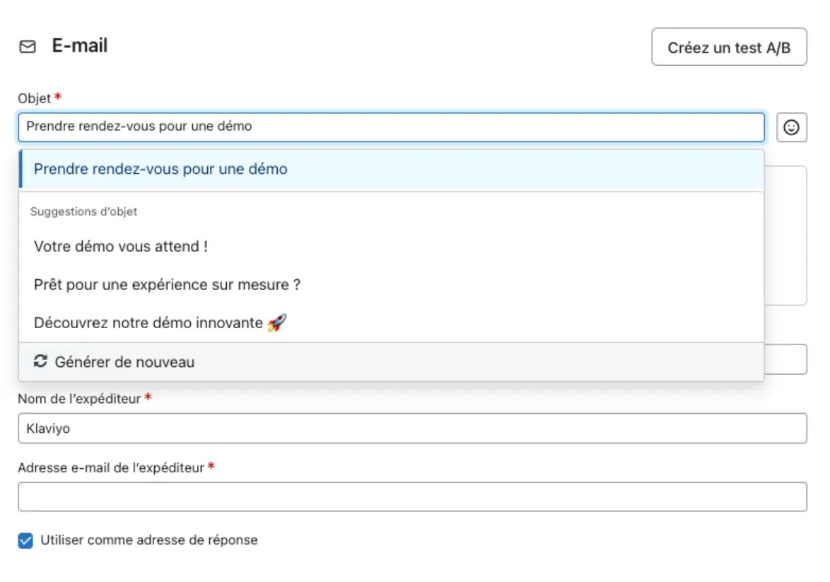 Interface d’édition d’un e-mail montrant le champ « Objet » avec des suggestions d'objets générées par Klaviyo AI: « Votre démo vous attend ! », « Prêt pour une expérience sur mesure ? », « Découvrez notre démo innovante ».
