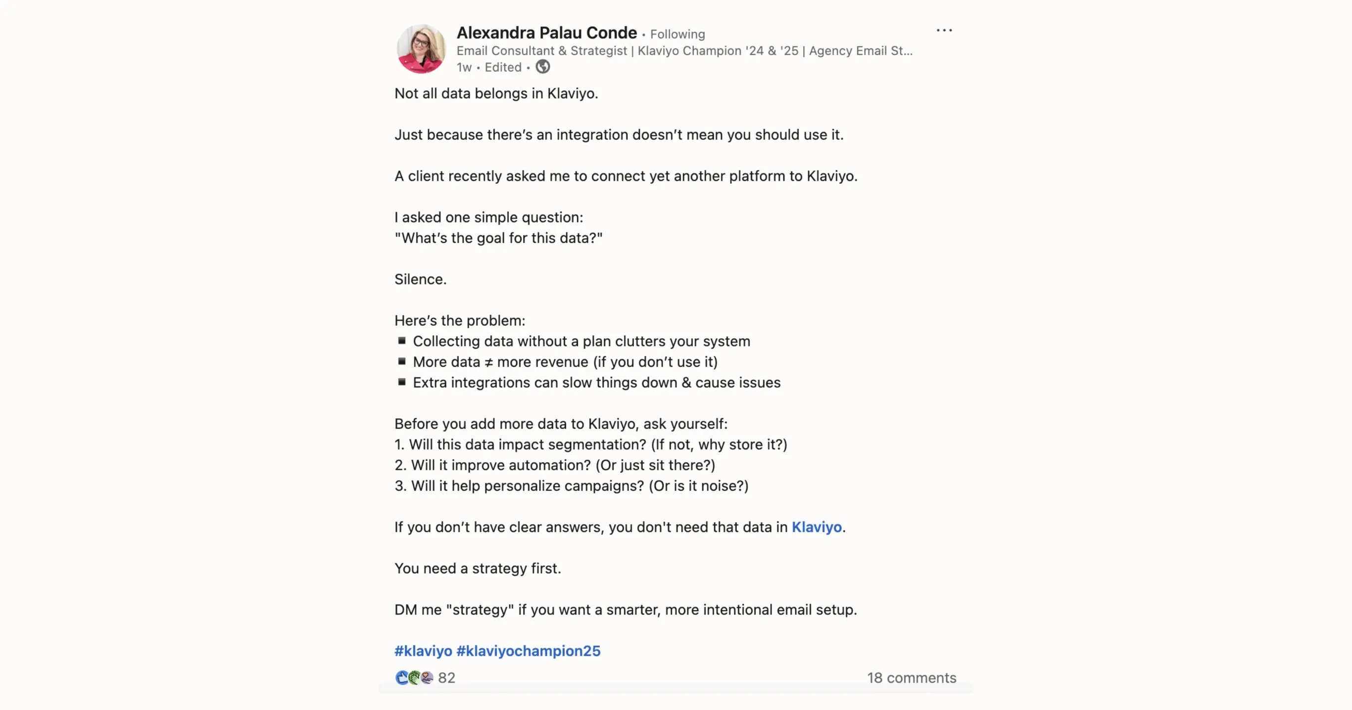 Publication LinkedIn d'Alexandra Palau Conde sur l'intégration des données dans Klaviyo, soulignant l'importance d'une stratégie.