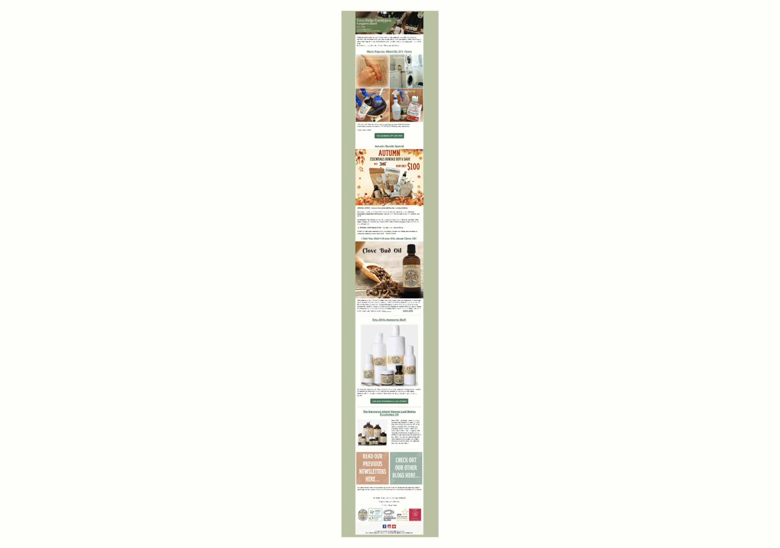 Newsletter Emu Ridge avec promotions sur des produits, incluant des huiles essentielles et des offres spéciales d'automne.
