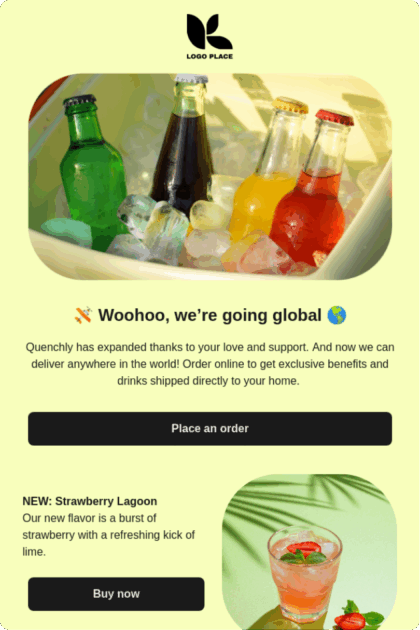 Bouteilles colorées dans un bac à glace. Texte : "Woohoo, we’re going global 🌍". Nouveau goût : "Strawberry Lagoon". Boutons "Place an order" et "Buy now".