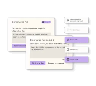 Interface de création de flux Klaviyo AI, montrant des étapes d'automatisation comme l'envoi de SMS et d'e-mails après des délais spécifiques.