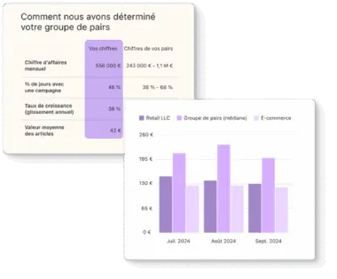 Tableau comparatif des chiffres d'affaires et graphique à barres des performances de Retail LLC, groupe de pairs et e-commerce.