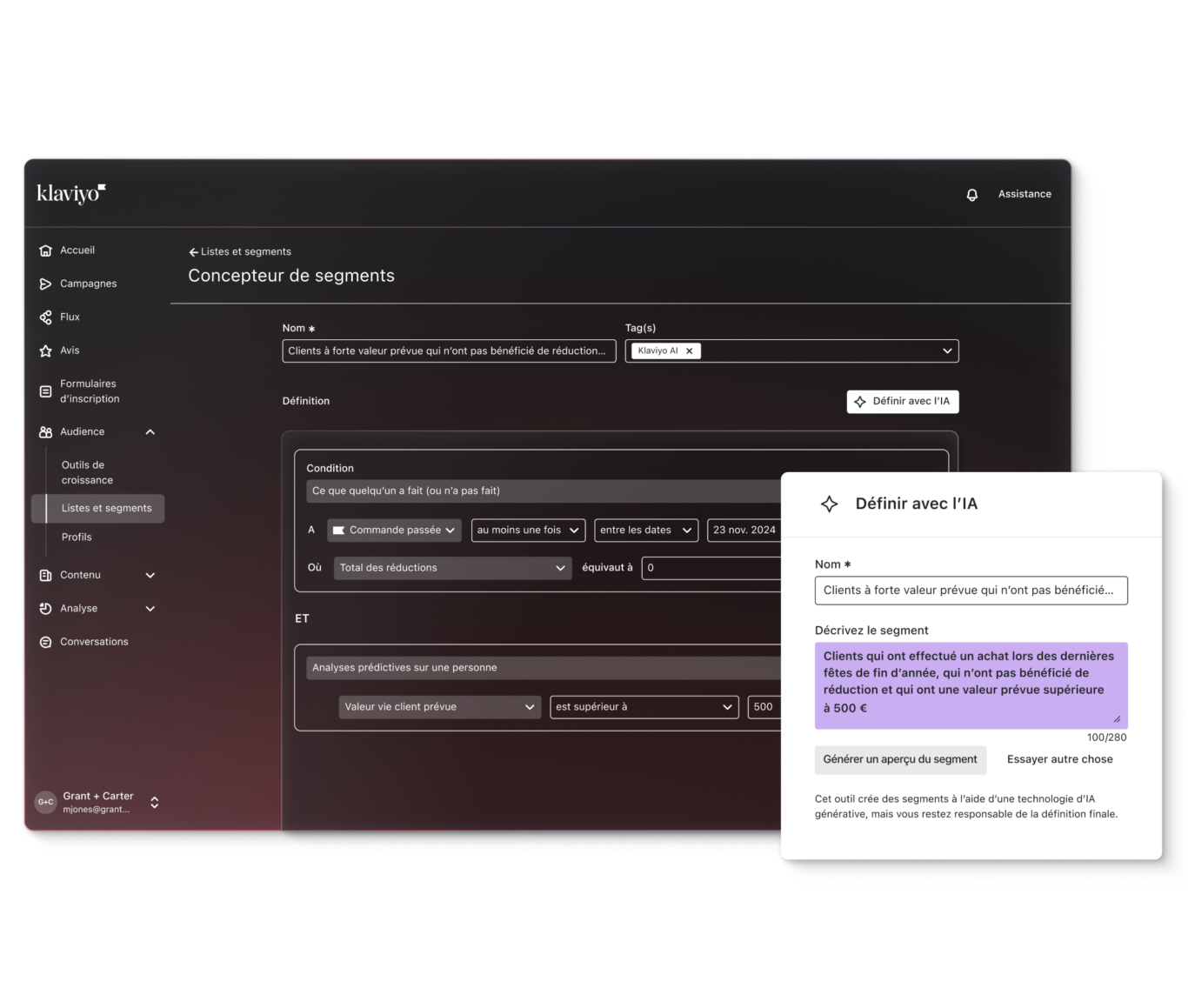 Interface de Klaviyo montrant le concepteur de segments avec des options de filtrage et une fenêtre de définition de segment par IA.