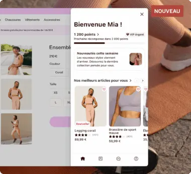 Interface d’une application d’achat montrant un message de bienvenue pour Mia, 1 200 points, et des articles recommandés comme un legging couleur corail et une brassière de sport lavande.