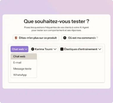 Interface de test pour un agent IA avec options de questions fréquentes, choix de canal de communication et sélection de produit.