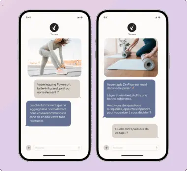 Deux écrans de smartphone affichant des conversations textuelles. À gauche, une image d'une femme en legging. À droite, une image de tapis de yoga.