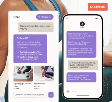 Interface du chat Klaviyo AI affichant des recommandations de produits et écran de smartphone montrant une conversation à propos de la taille d’un article.
