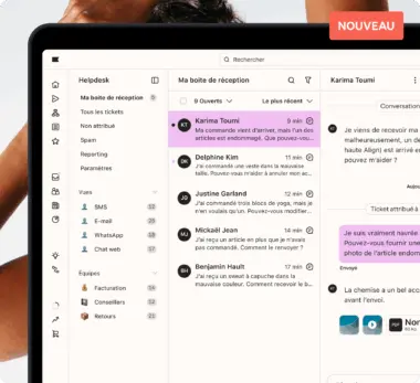 Interface d’assistance sur un écran d’ordinateur portable montrant une boite de réception avec des messages de clients. Un libellé « NOUVEAU » est visible en haut à droite.