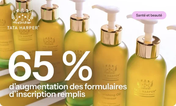 Bouteilles de nettoyant Tata Harper alignées, texte "65 % d'augmentation des formulaires d'inscription remplis", étiquette "Santé et beauté".