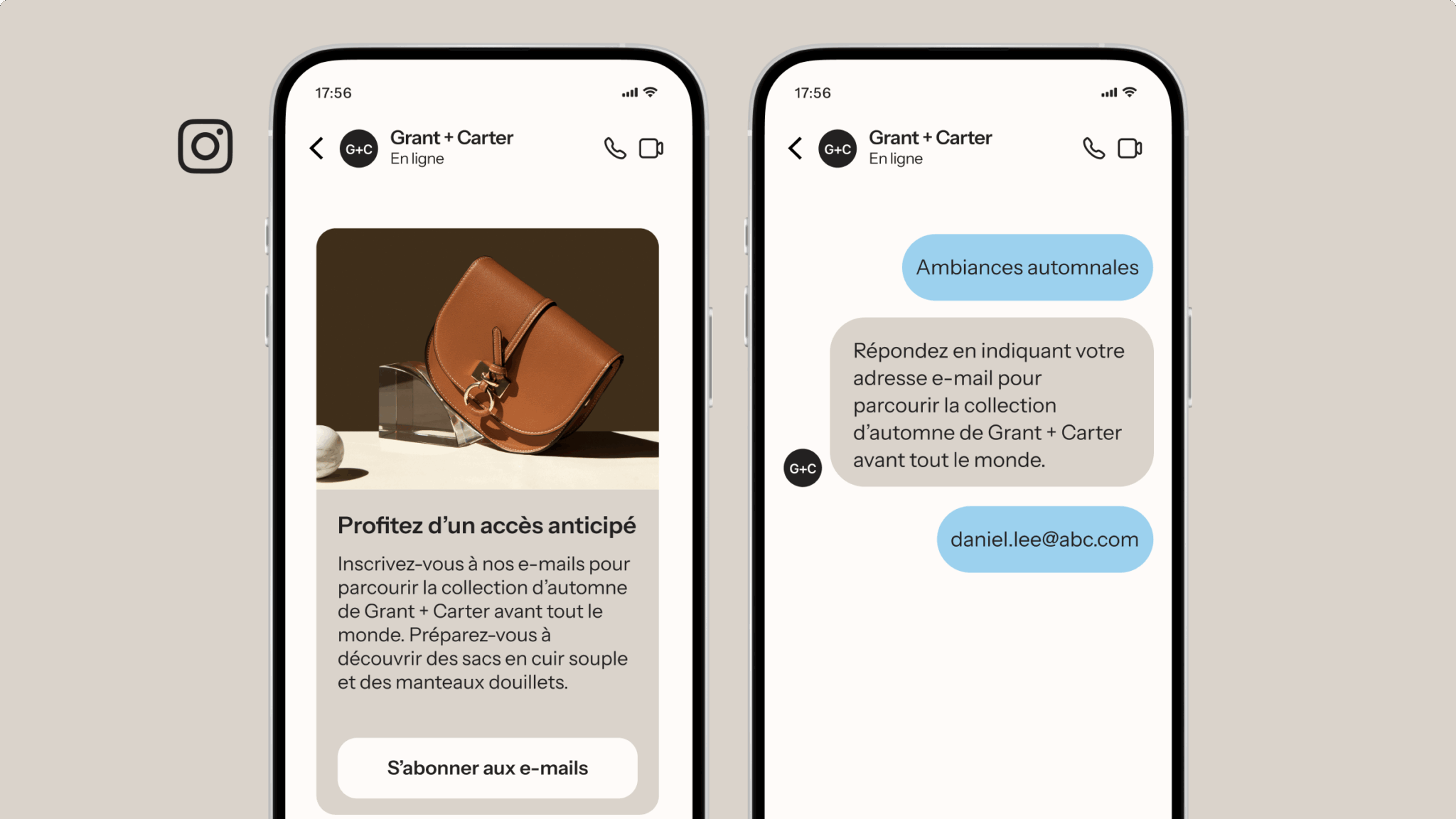 Deux smartphones affichant un chat avec « Grant + Carter ». L’écran de gauche montre un sac en cuir marron et une invitation à s’abonner pour bénéficier d’un accès en avant-première. L’écran de droite montre une conversation au sujet de la collection d’automne.