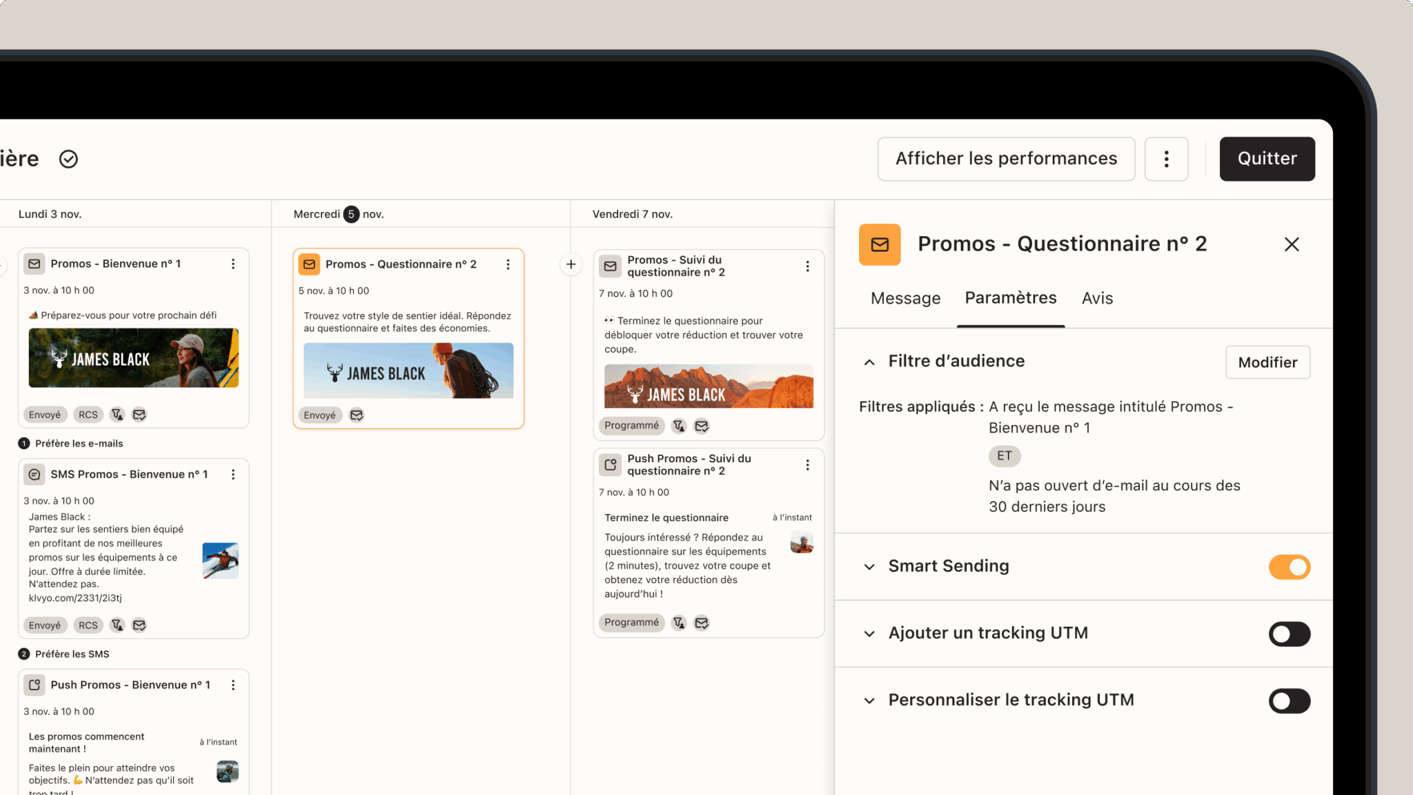 Tableau de bord de marketing par e-mail affichant des messages programmés pour Johan Bougin, avec des paramètres pour les filtres d’audience et les options Smart Sending.