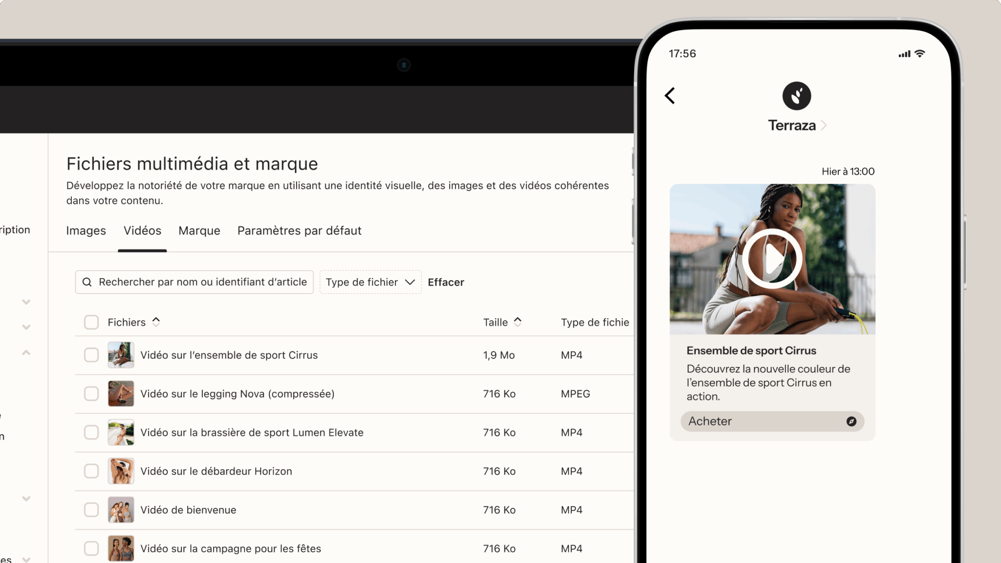 Téléphone portable affichant une miniature vidéo d’une femme en tenue de sport, avec le texte « Ensemble de sport Cirrus » et « Acheter maintenant ».