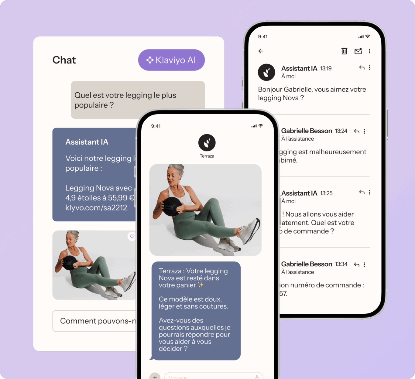 Trois écrans de smartphone affichant une conversation de chat avec Klaviyo AI sur des leggings populaires.