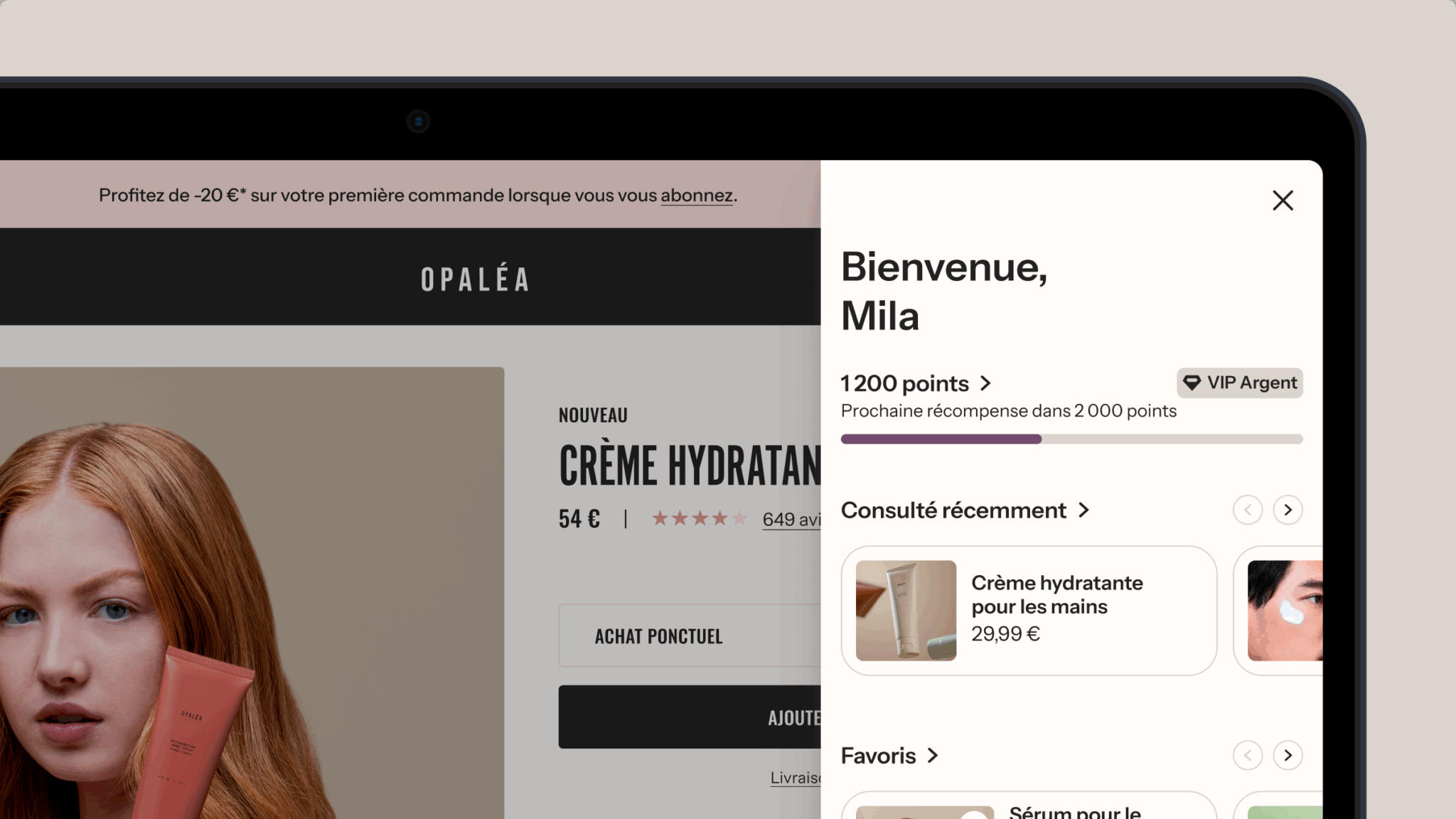 Interface d’achat en ligne pour Opaléa, montrant le tableau de bord d’un programme de fidélisation avec 1 200 points et des recommandations de produits