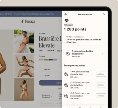 Page de produit en ligne pour un soutien-gorge "Brassière Elevate" avec options de couleur et programme de récompenses affiché.