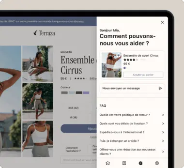 Page de produit en ligne pour "Ensemble de sport Cirrus" à 95 €, avec options de couleur et tailles. Fenêtre d'aide à droite.