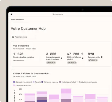 Tableau de bord affichant les données du Customer Hub : nombre total de comptes 1 240, interactions avec le service client 3 850, chiffre d’affaires 47 200 €, comptes actifs 890. Inclut un diagramme à barres du chiffre d’affaires.