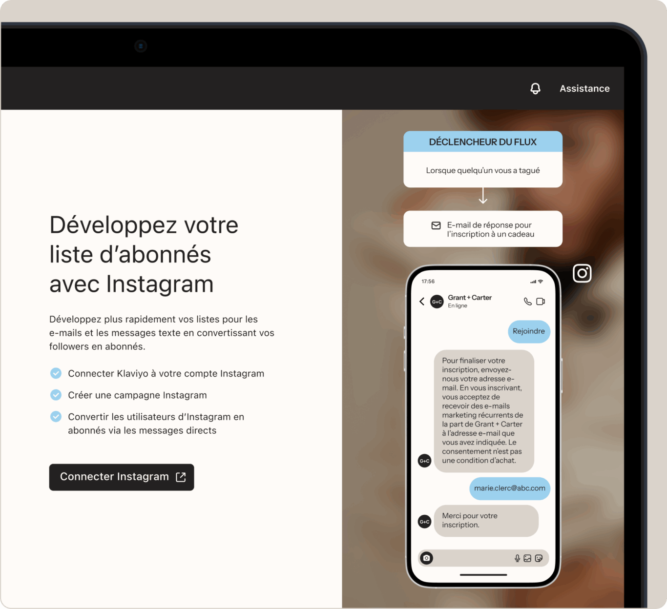 Développez votre liste d'abonnés avec Instagram. Instructions pour connecter Klaviyo, créer une campagne et convertir des utilisateurs.